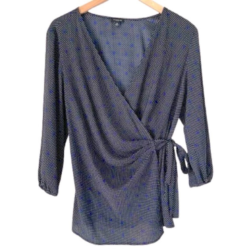 Ann Taylor Asymmetrical Wrap Tie 3/4 Sleeve Black Polka Dot Blouse Top Size 12